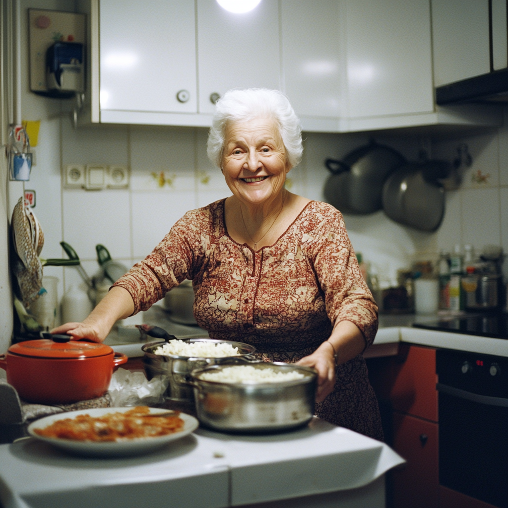 Smiling grandmother in 90s kitchen with food.