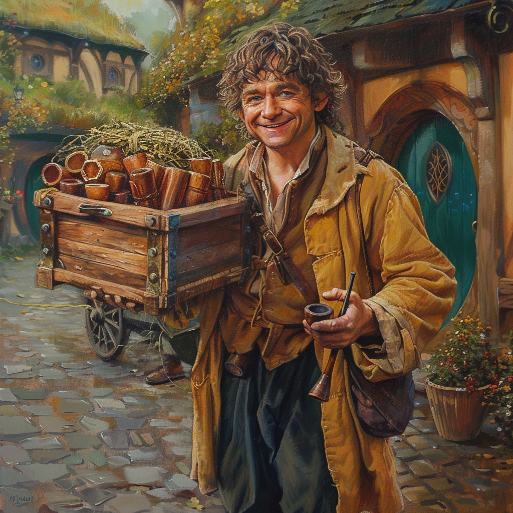 Smiling hobbit with pipe and crate of pipes in Hobbiton.