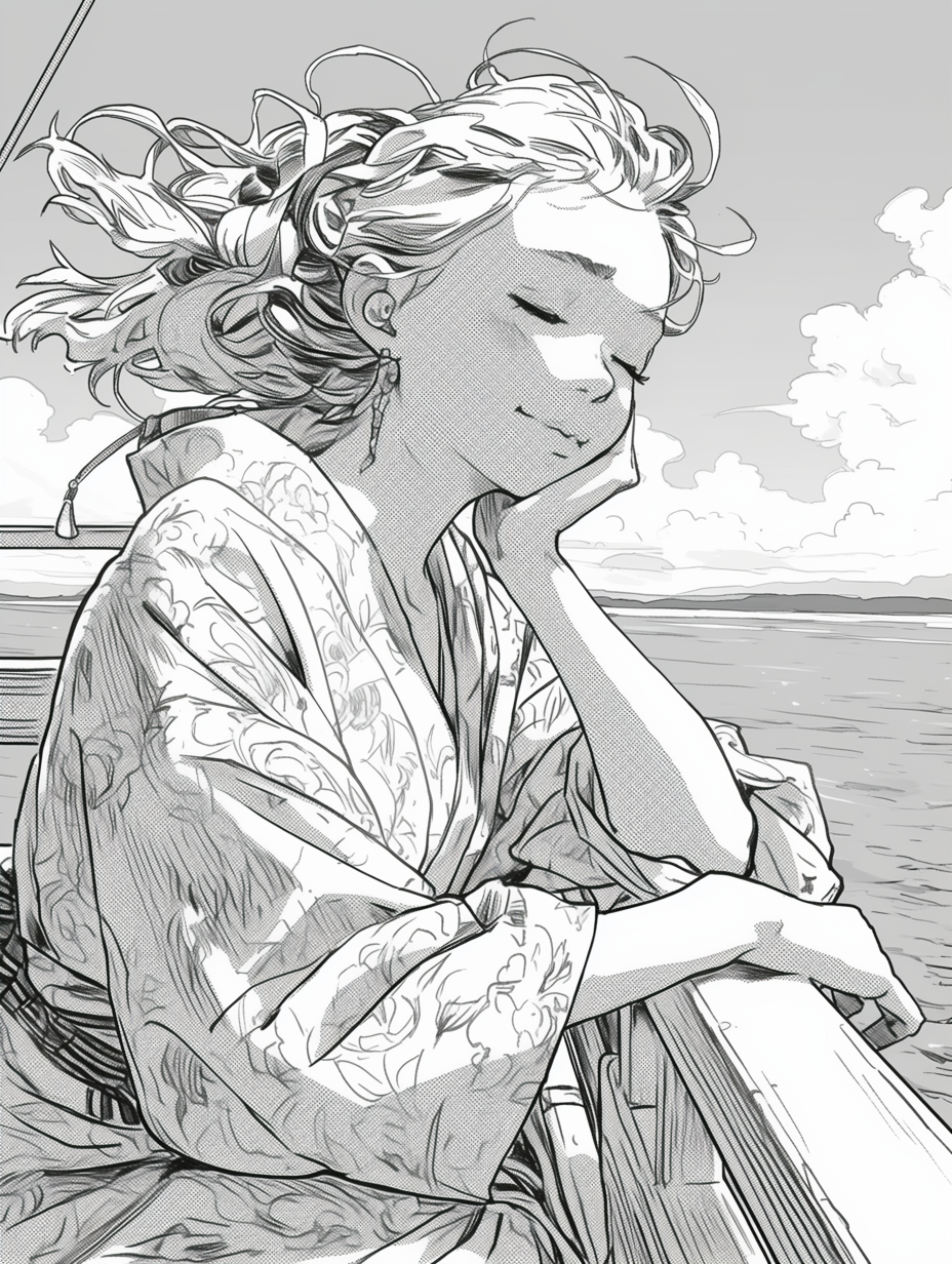 Smiling kimono girl coloring book by the sea.