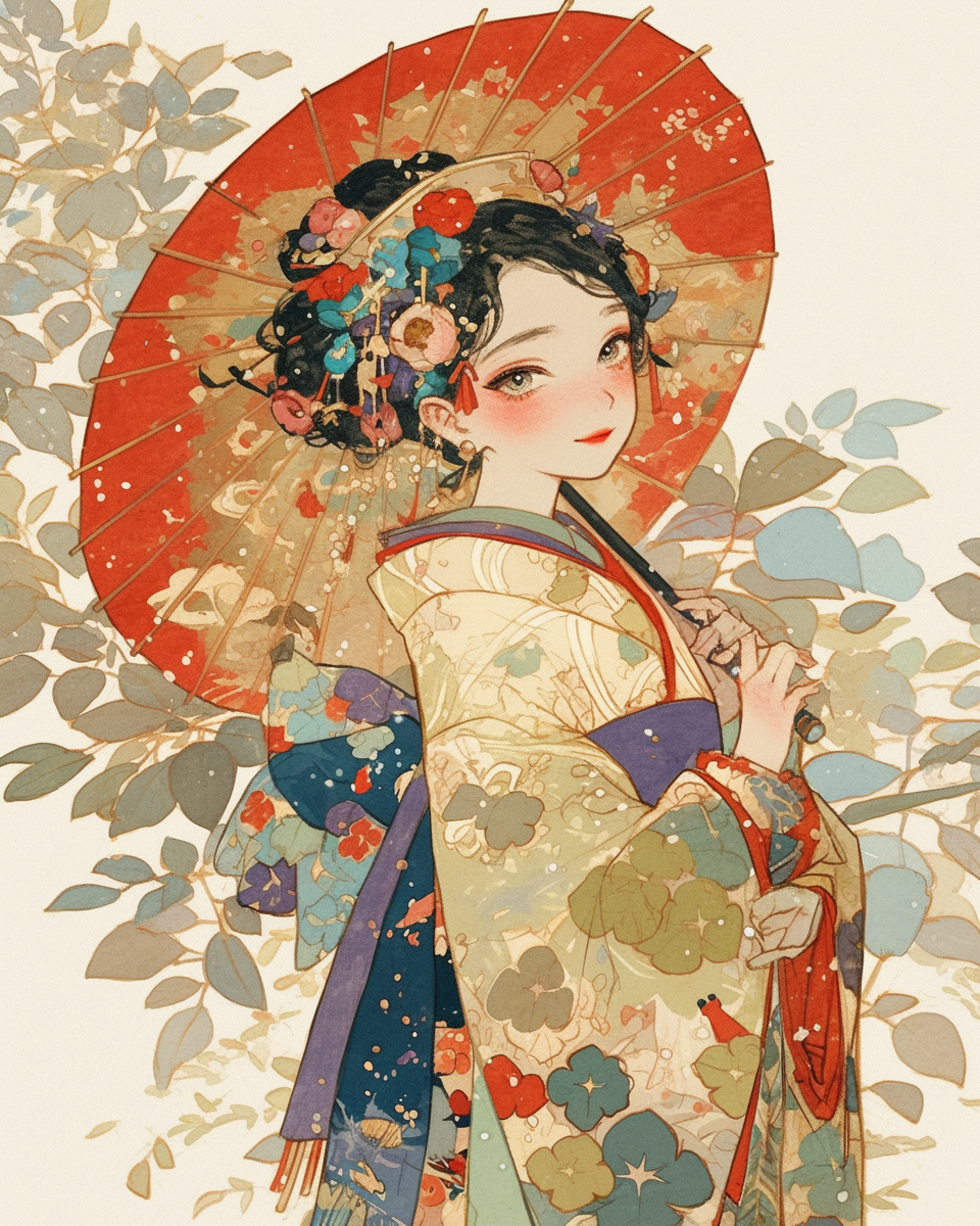 Smiling lady in kimono with parasol in garden.