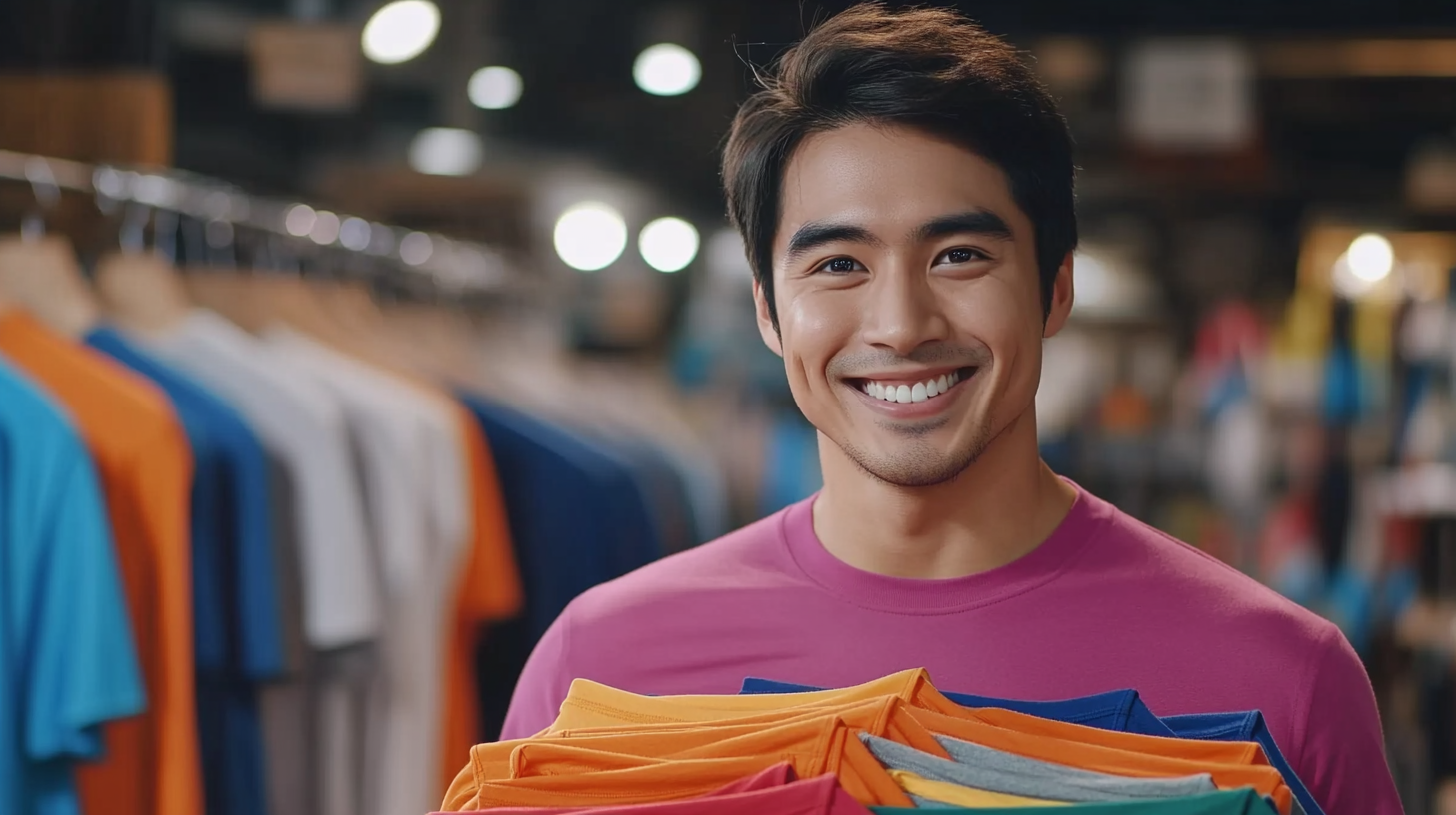 Smiling man holds many shirts in store.