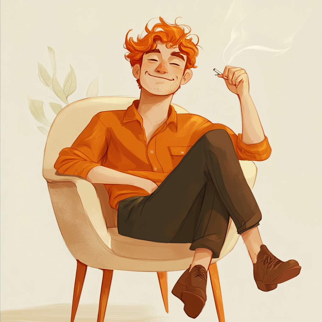 Smiling man in chair with cigarettes, orange hair.