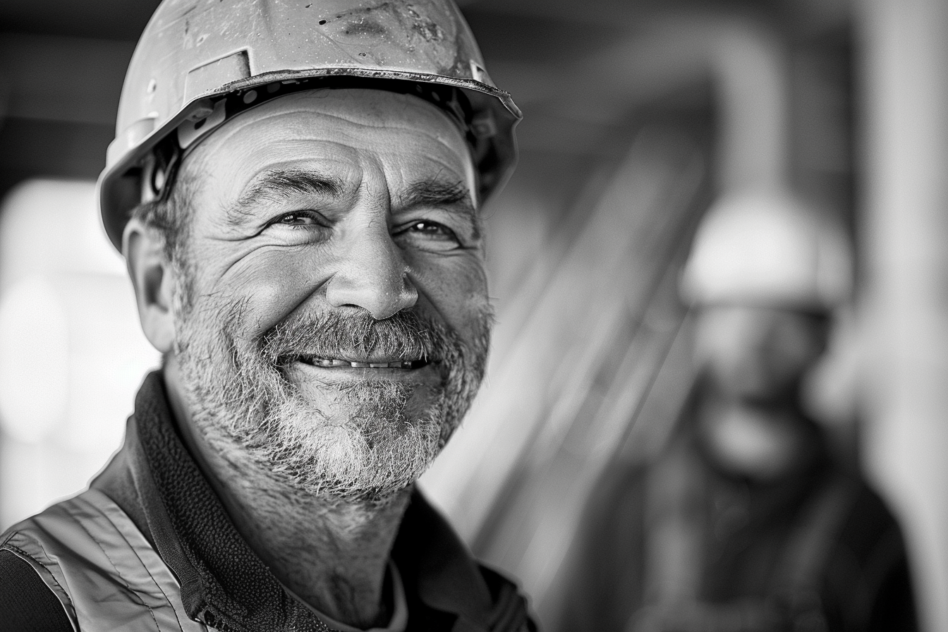 Smiling man in hard hat at construction site portrait.