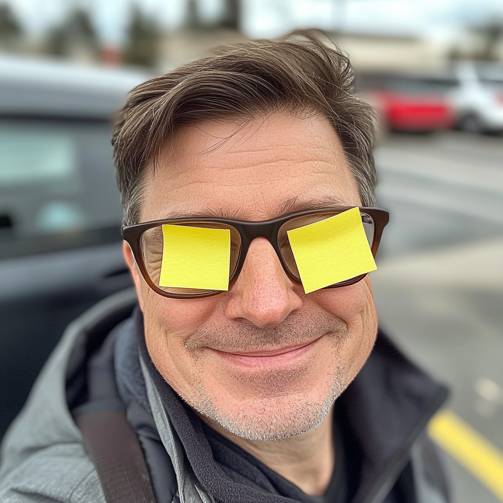 Smiling middle-aged man with post-it notes selfie photo