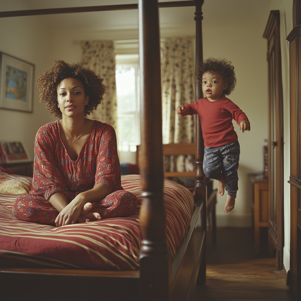 Smiling mother and toddler on bed