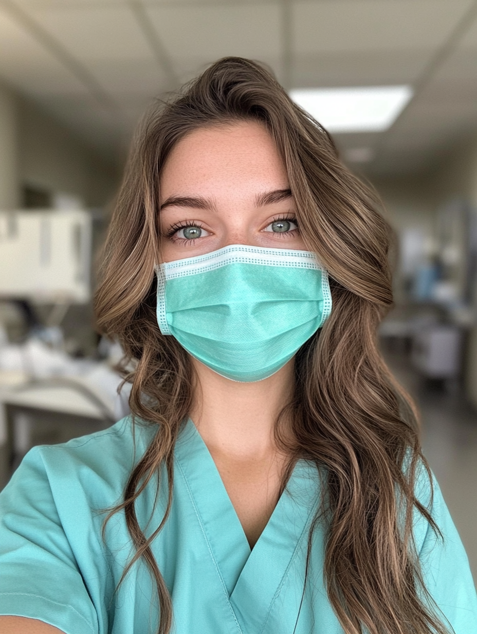 Smiling nurse in scrubs with surgical mask at hospital.