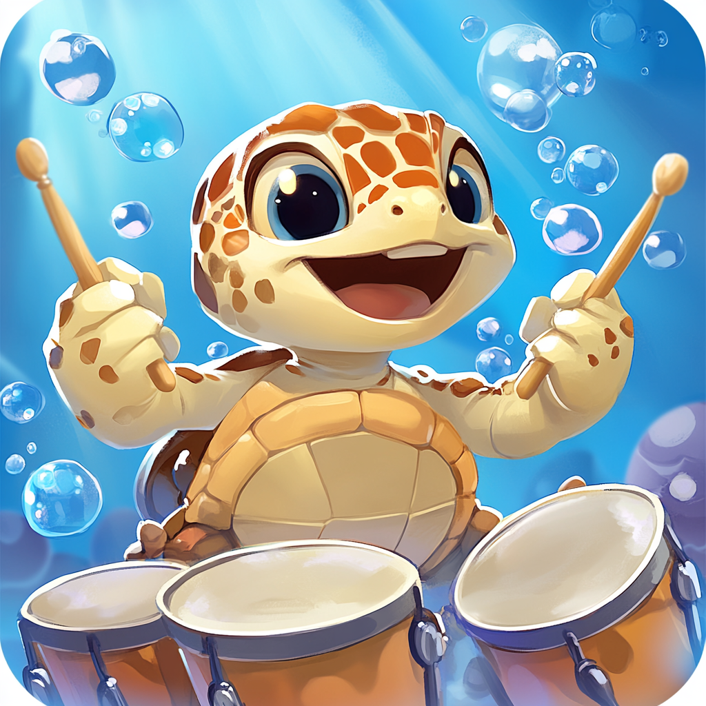 Smiling sea turtle plays shell drum in Fishdom art