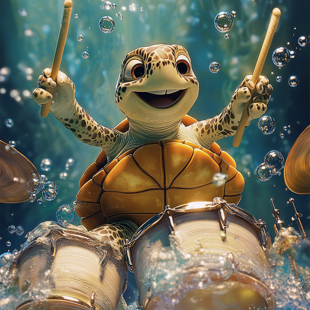 Smiling sea turtle plays shell drum set