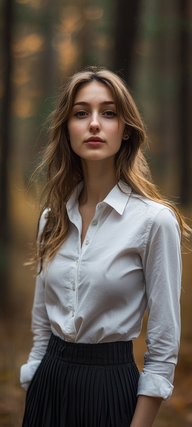 Smiling woman in forest, natural beauty, casual outfit.