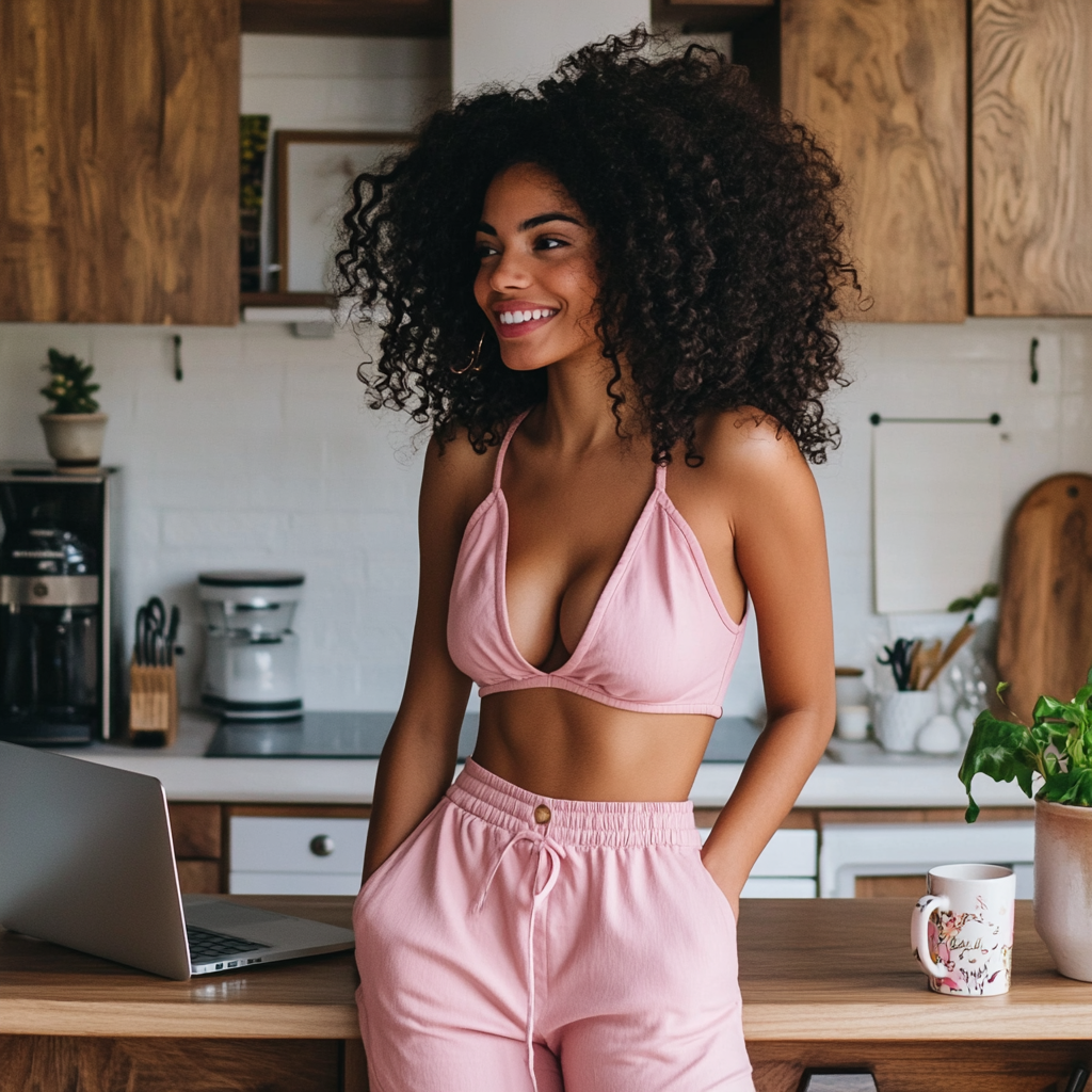 Smiling woman in pink outfit with laptop in kitchen.