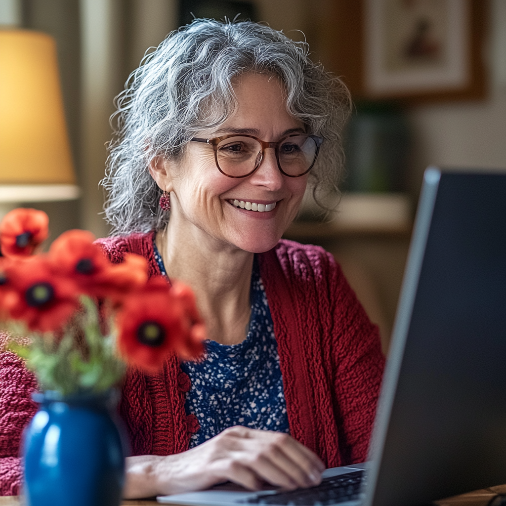 Smiling woman in red and blue engages virtually.