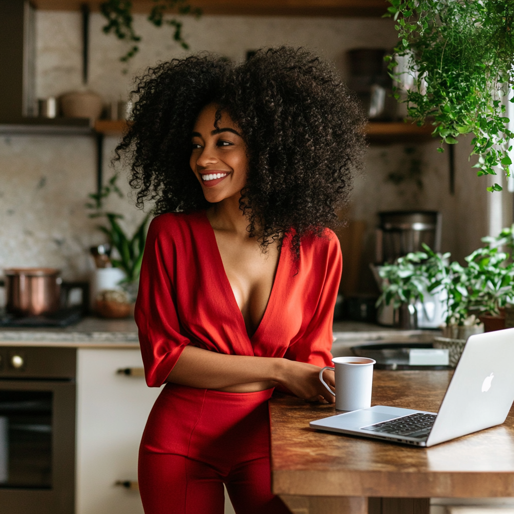 Smiling woman in red outfit works from home.