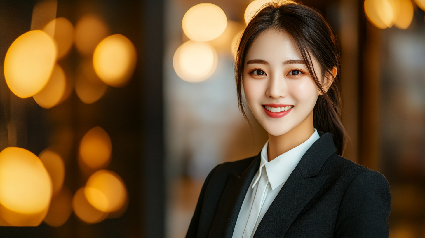 Smiling woman in suit with tie, professional lighting.