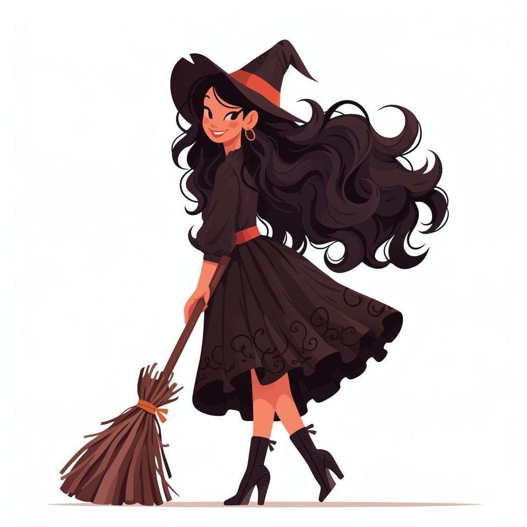 Smiling woman in witch costume, simple style illustration.