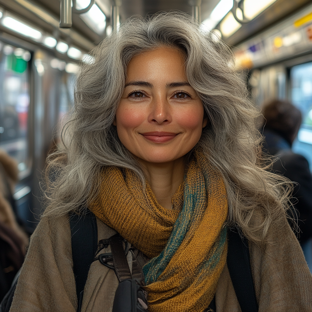 Smiling woman sitting on subway, Tatsuro Kiuchi style.