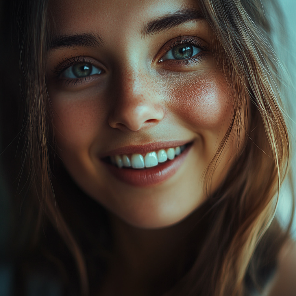 Smiling woman with Fuji camera, soft lighting, cool tone.