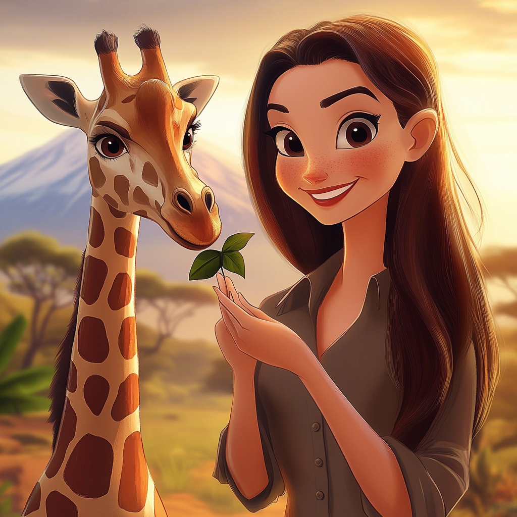 Smiling woman with brown hair feeds giraffe in Africa.