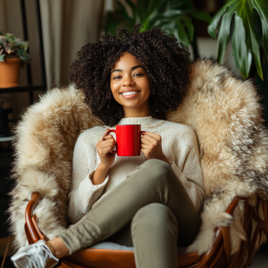 Smiling woman with curly hair recording YouTube video.