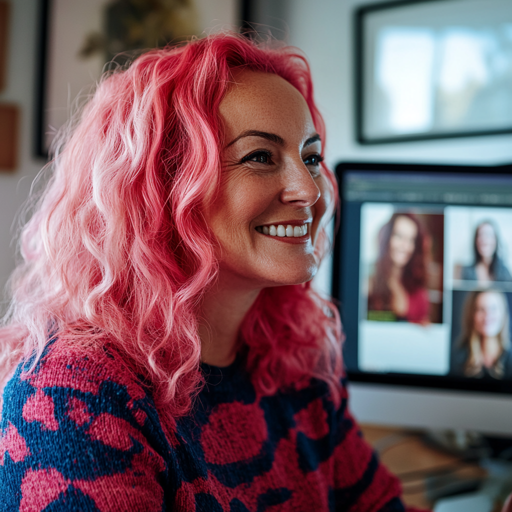 Smiling woman with pink hair engaging in virtual meeting.