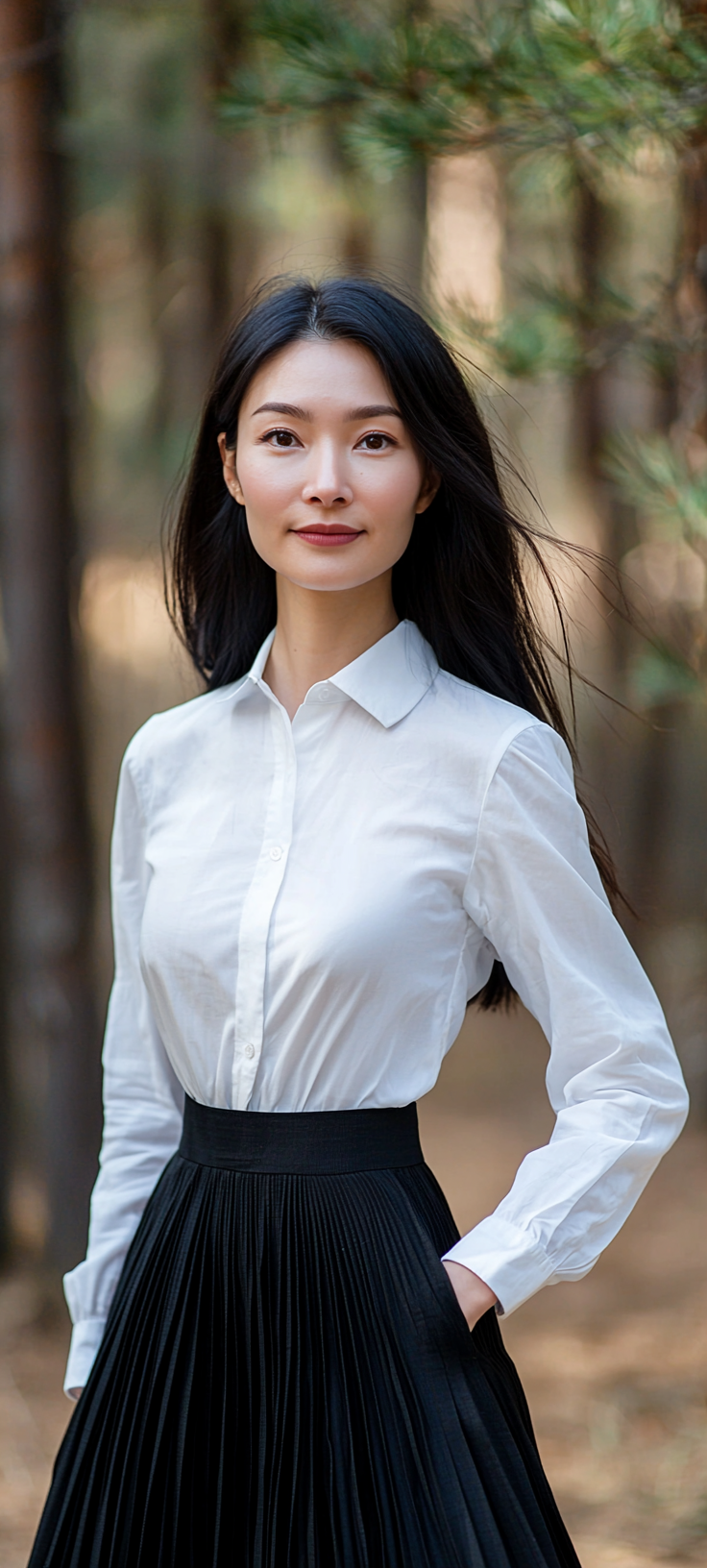 Smirking woman in forest wearing white shirt and skirt.