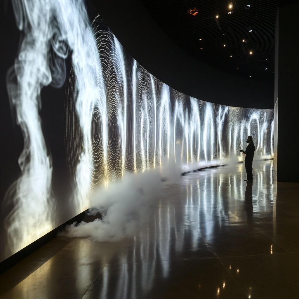 Smoke rings floating towards ceiling in front of video wall.