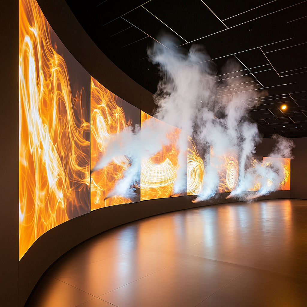 Smoke rings rising in front of curved video wall.