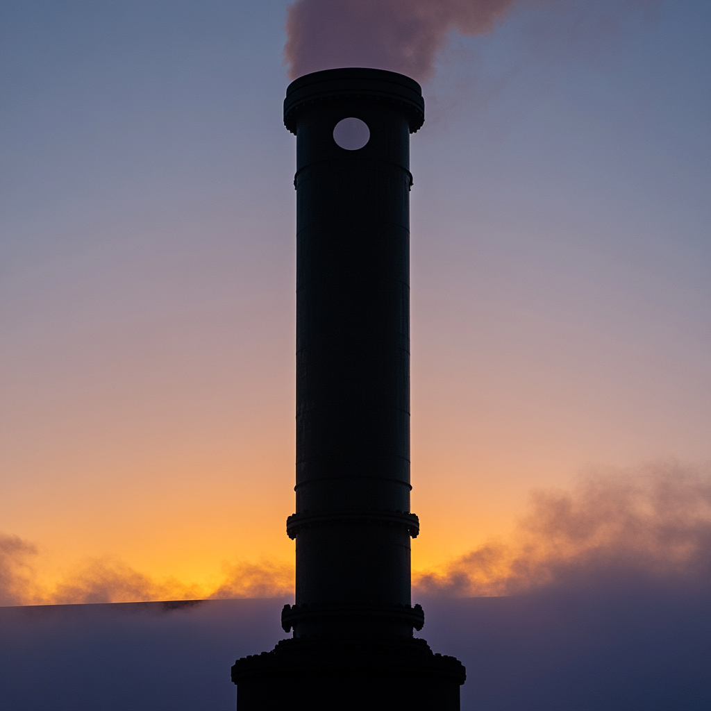 Smokestack and pipes towering under morning sky