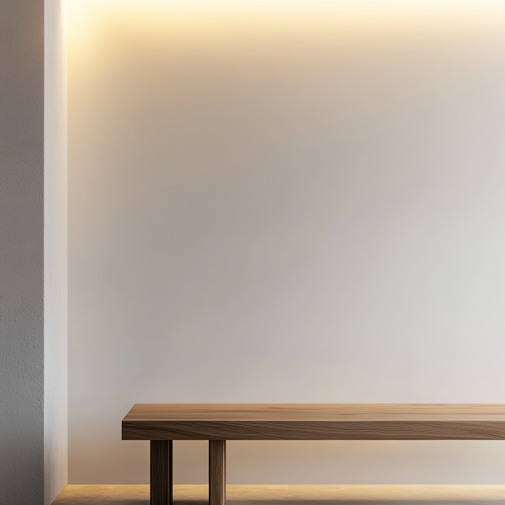 Smooth, clean white wall with blurred wooden bench edge.