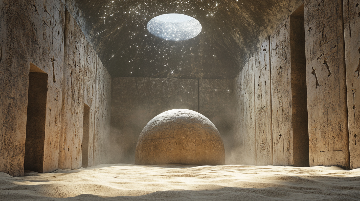 Smooth stone domed temple with sand floor and carved walls.