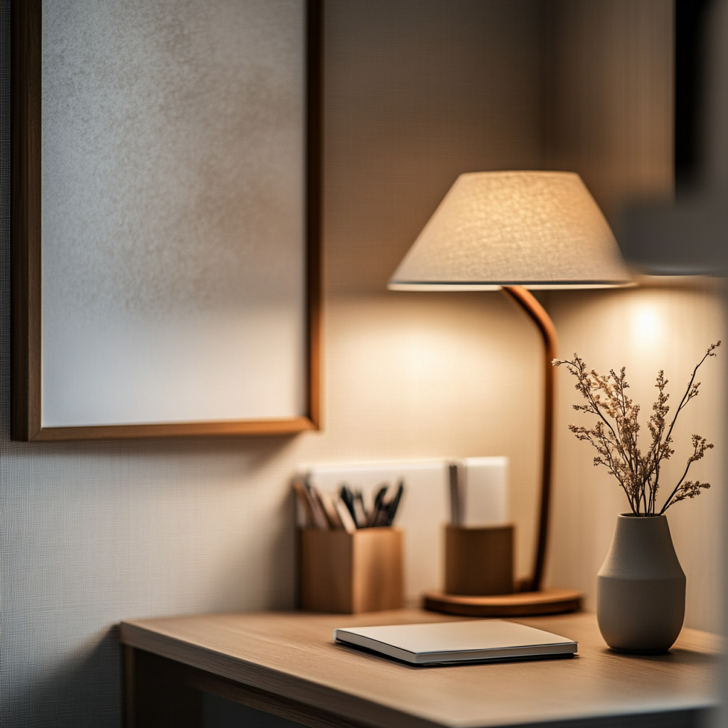 Smooth white wall showcases wallpaper, desk with soft lighting.