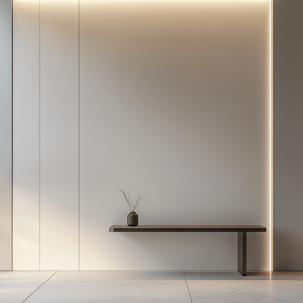 Smooth white wall with blurred console table. Clean, warm.