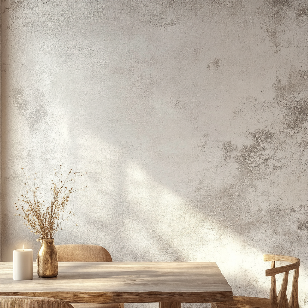 Smooth white wall with cozy wooden dining table.