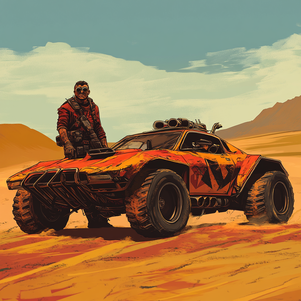 Smuggler and car in desert, GTA V style illustration.