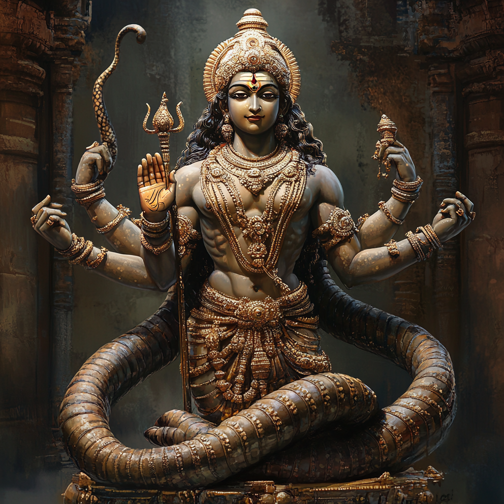 Snake body Hindu god with 2 hands standing.