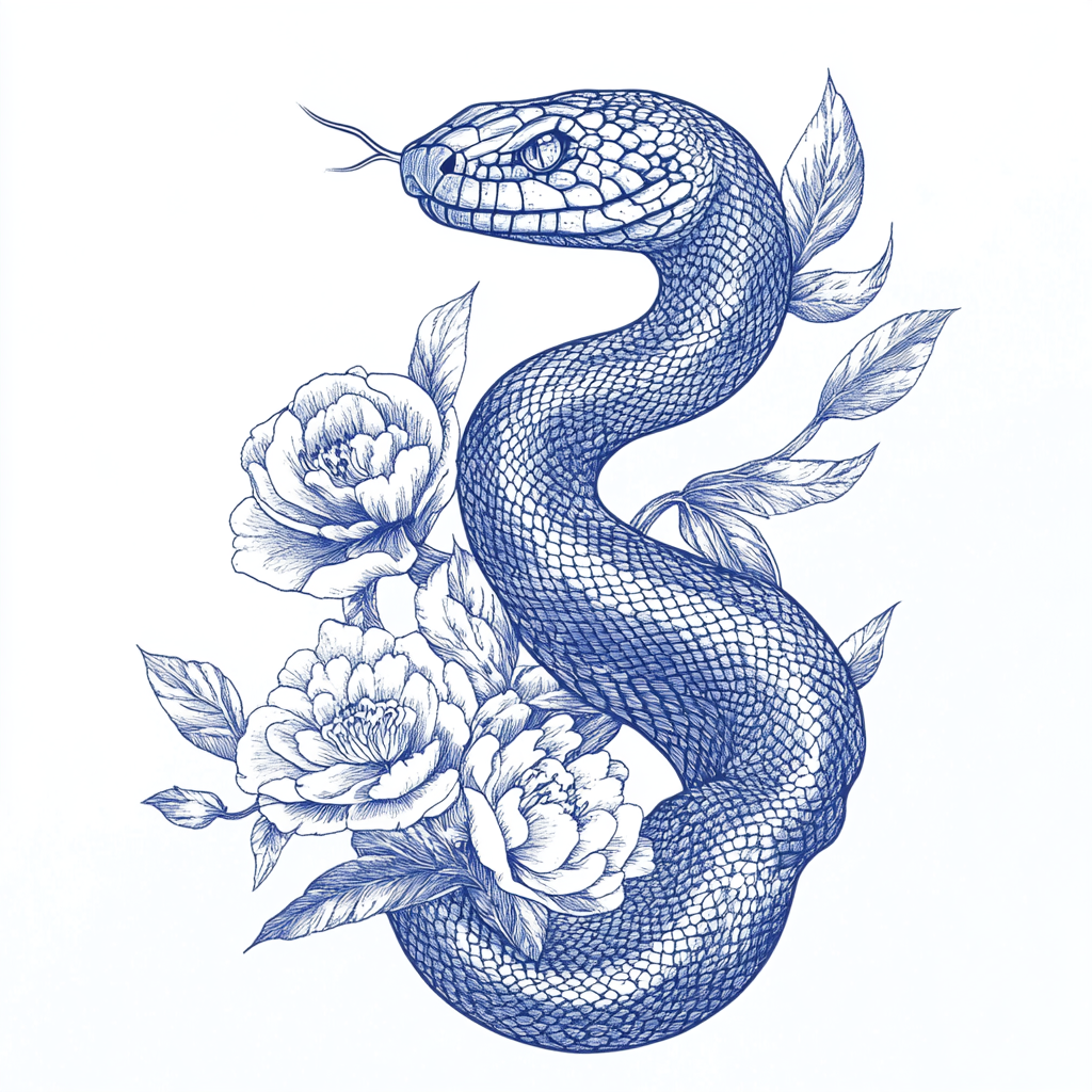 Snake illustration in vintage postcard style, blue ink, minimalist.