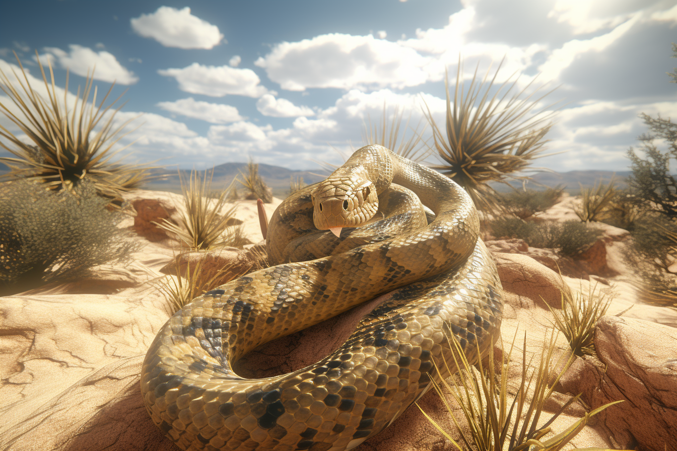 Snake in desert, yellow, scary, hyper-realistic, evil - v 5.2