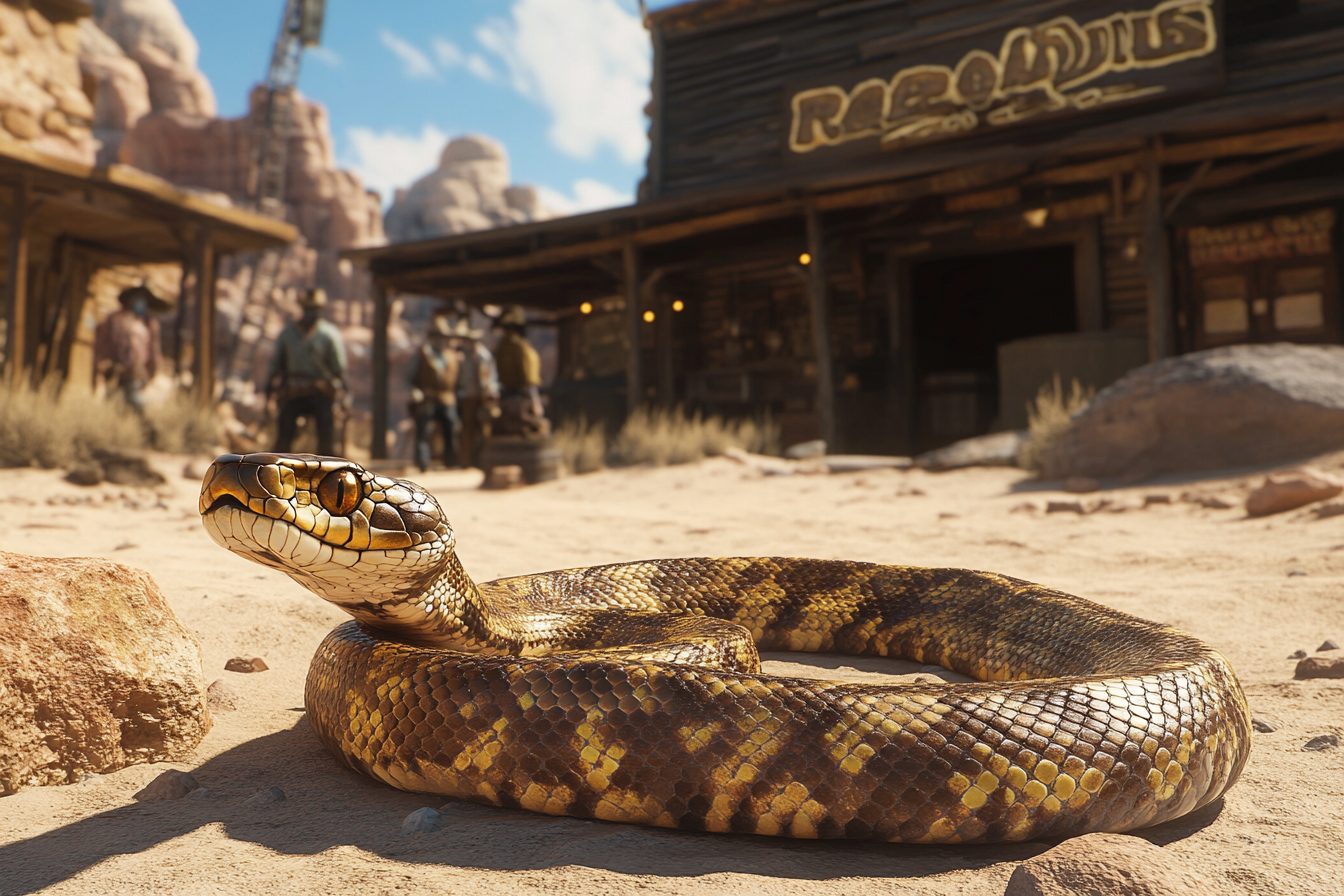 Snake ready to strike in desert saloon setting.