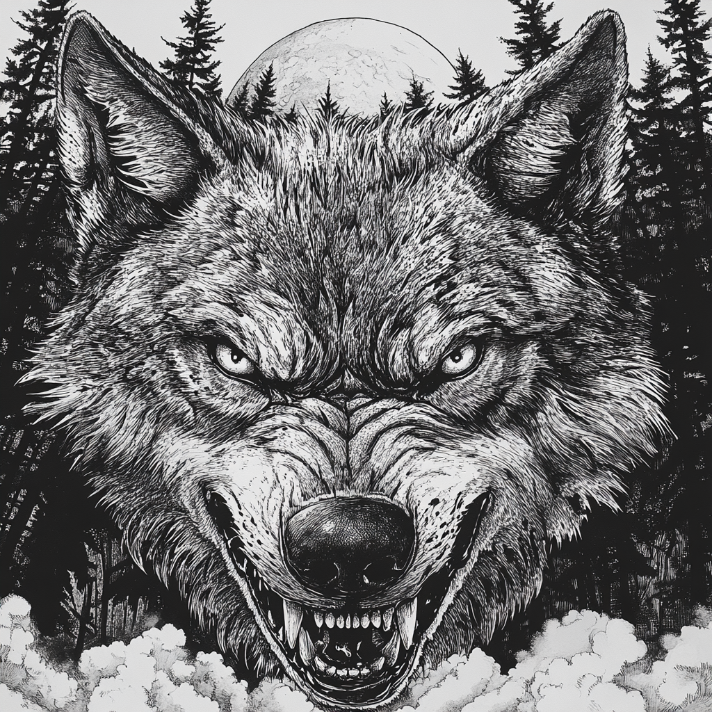 Snarling wolf in forest under full moon illustration