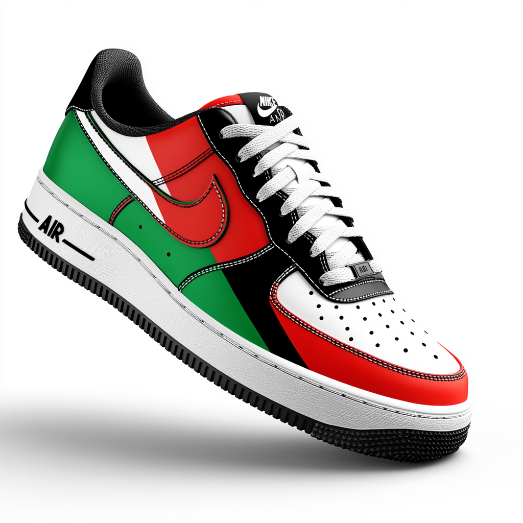 Sneakers with flag design, bold red, green, black.