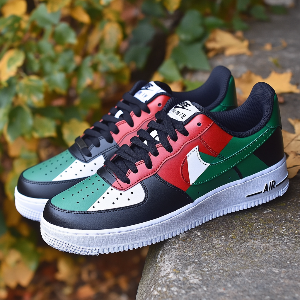 Sneakers with flag design in red, green and black.