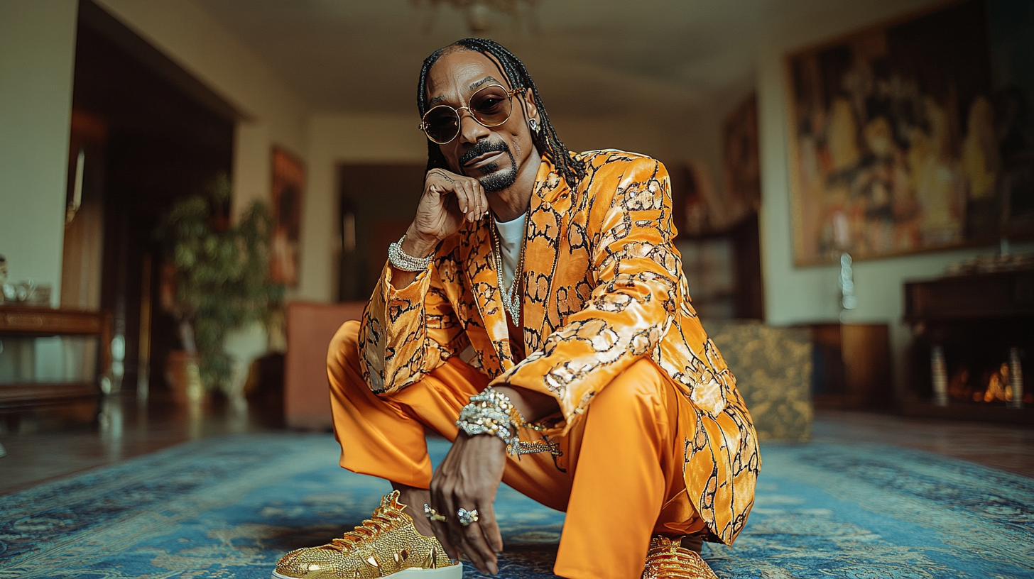 Snoop Dog showing off gold Gucci sneaker laces rich.