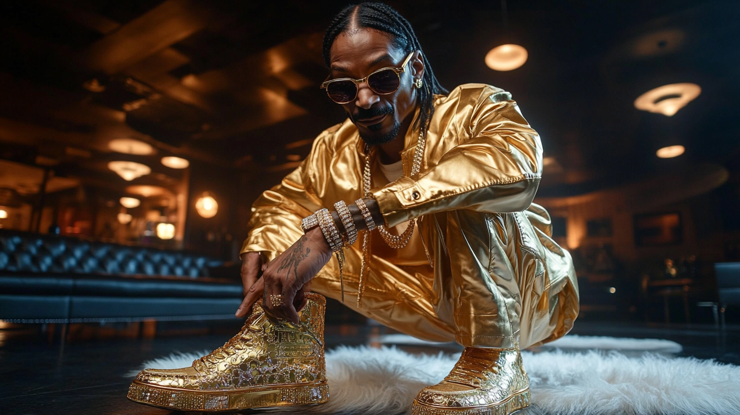 Snoop Dog showing off gold Gucci sneaker laces.