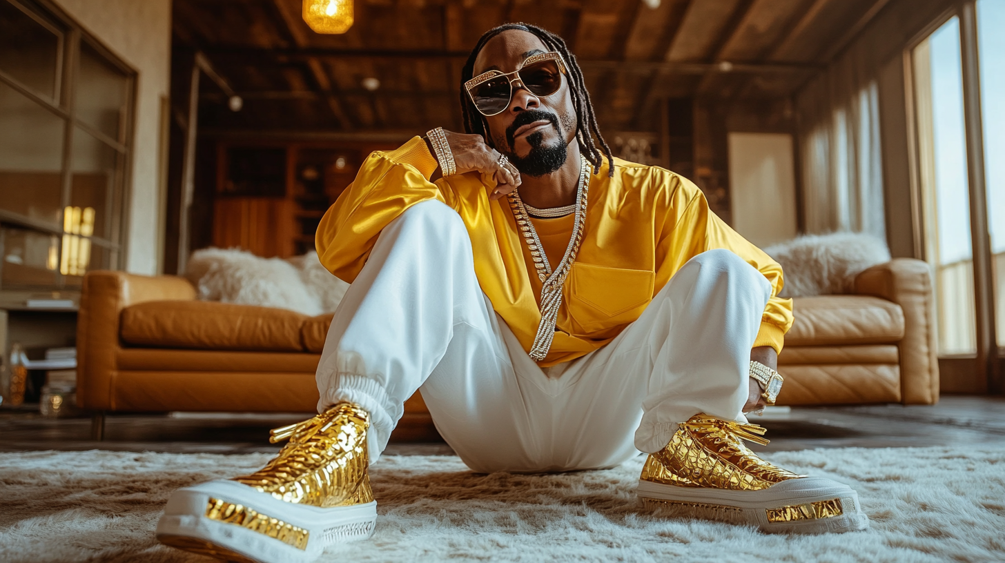 Snoop Dog showing off gold sneaker laces in luxurious room.