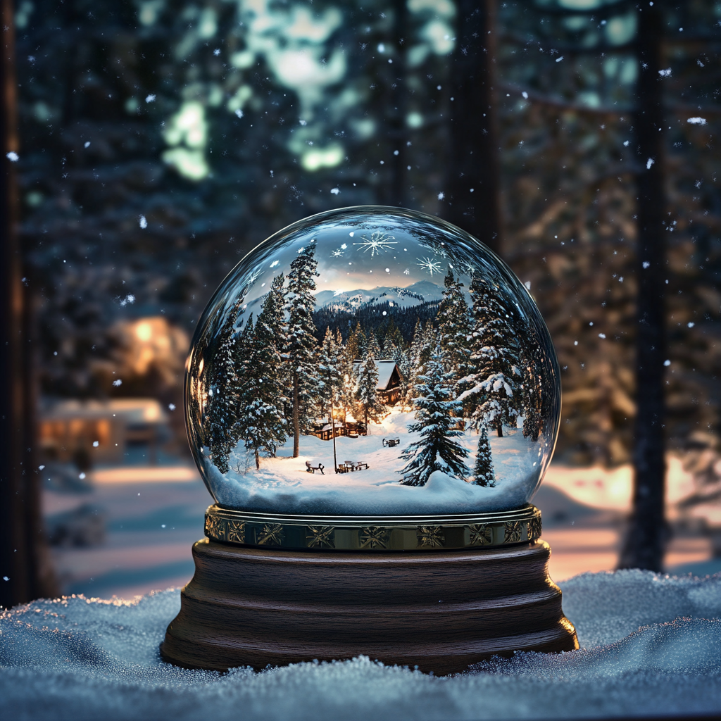 Snow Globe on low turned base in forest.