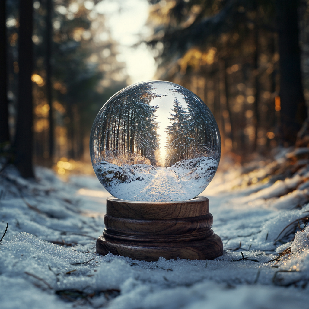 Snow Globe on wood base, on snowy trail.