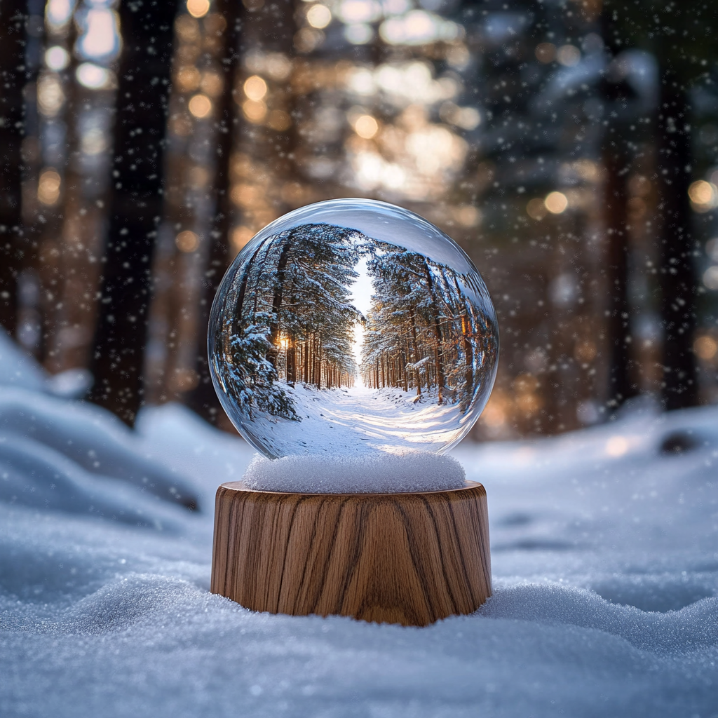 Snow Globe on wood base in Pine forest snowstorm.