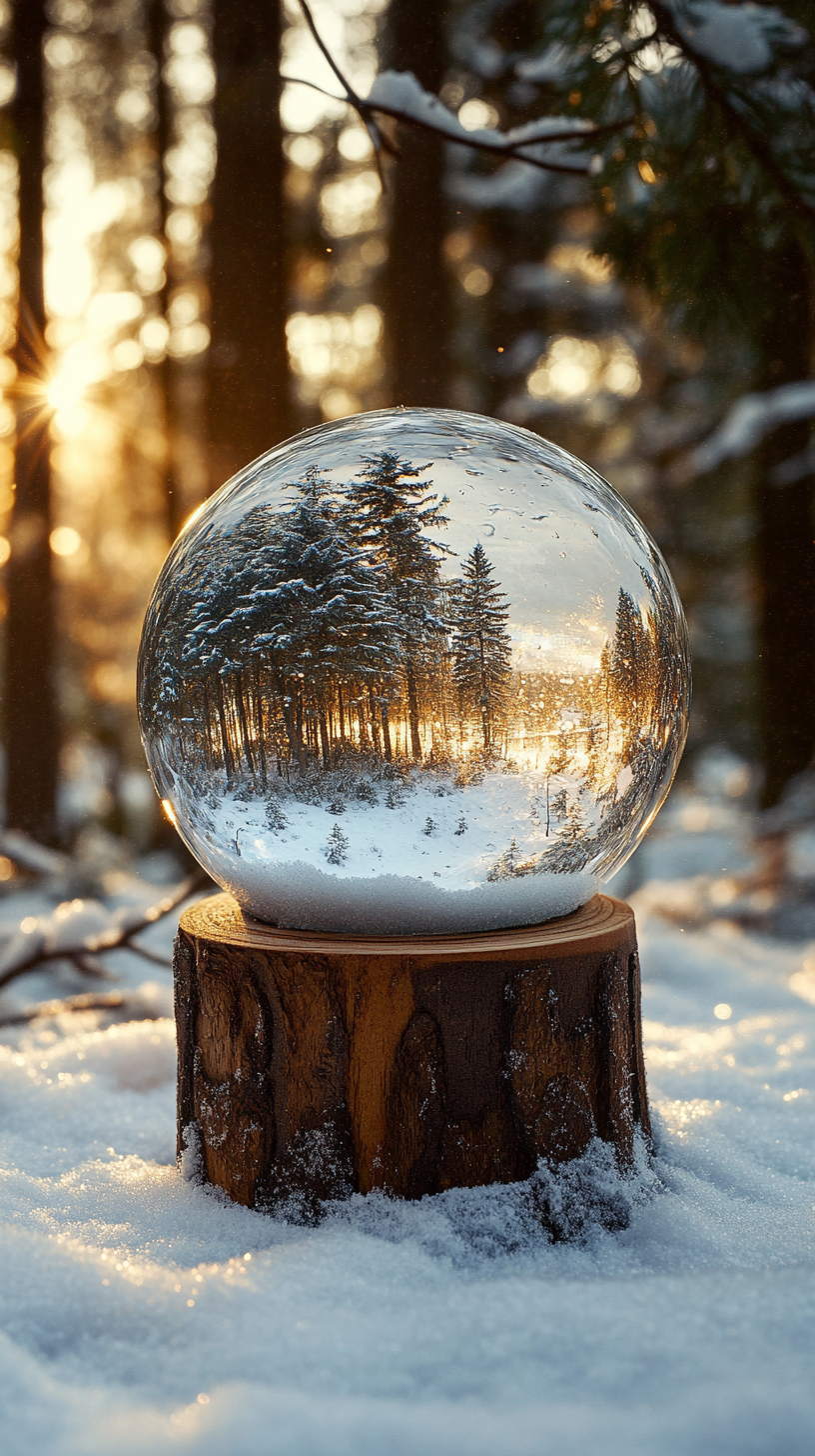 Snow Globe on wood base in pine forest snowing.