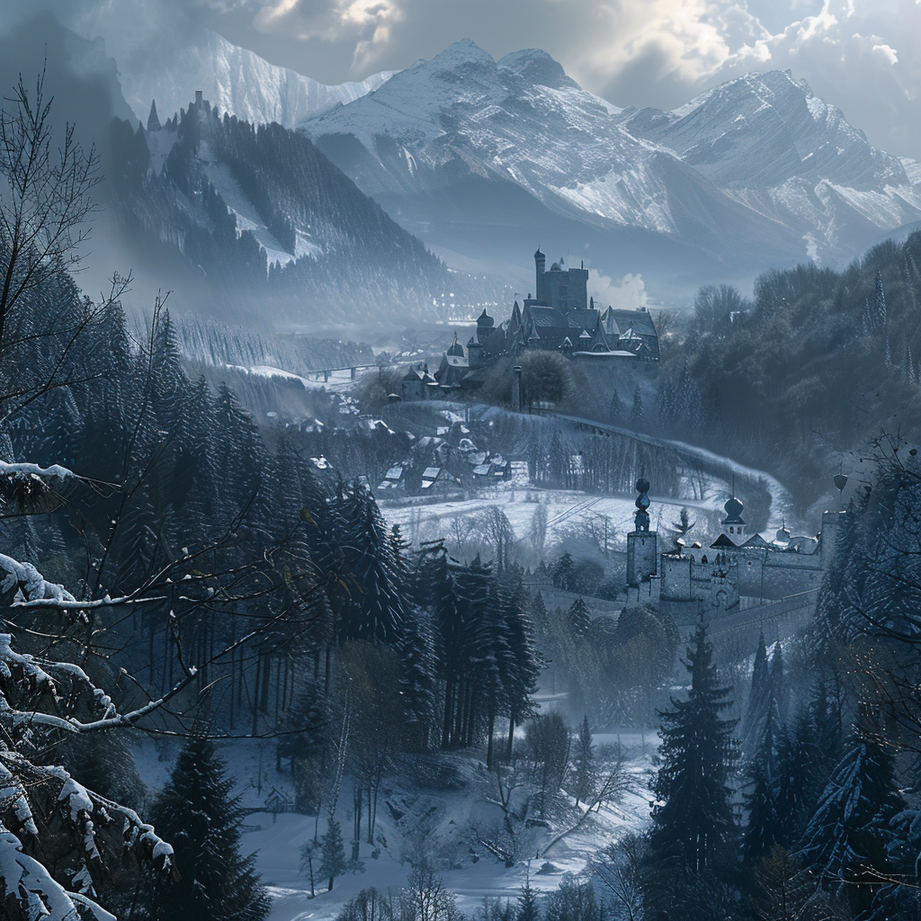 Snow-covered Eastern European landscape with valley, mountains, trees, castle.