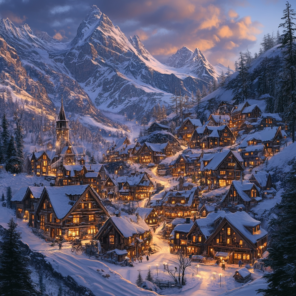 Snow-covered alpine village at sunrise