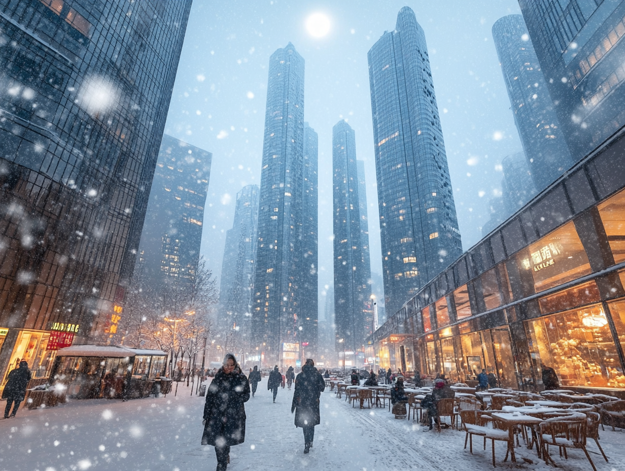 Snow-covered city with empty streets and cozy cafes